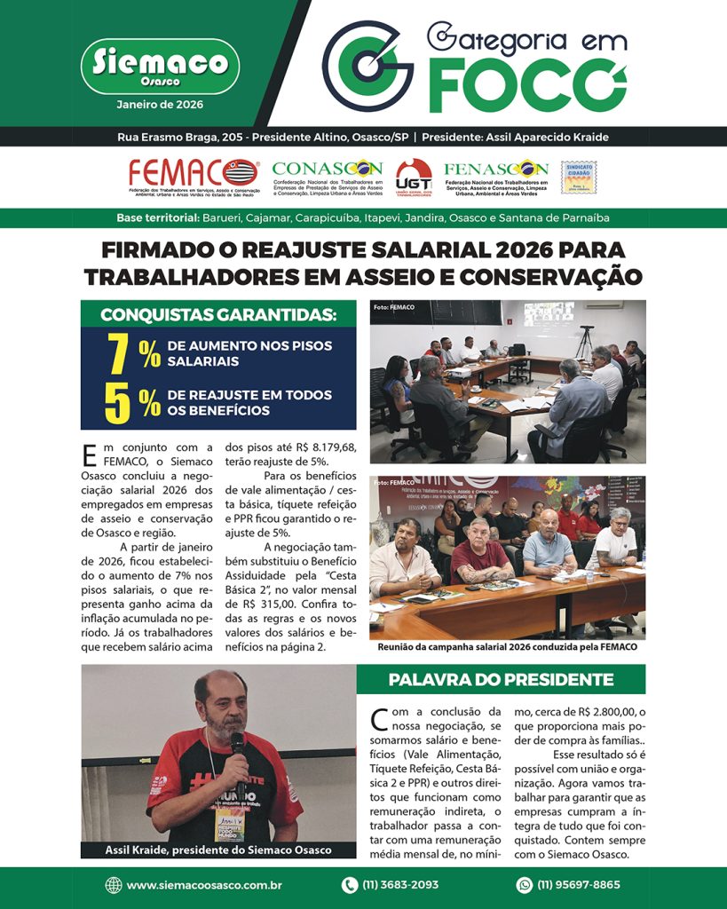 Siemaco Osasco e Femaco concluem negociação salarial 2026 dos trabalhadores em asseio e conservação