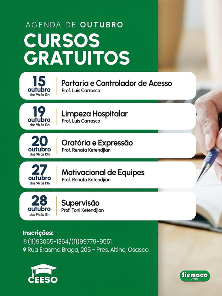 CEESO: Confira a agenda de cursos gratuitos do mês de OUTUBRO!